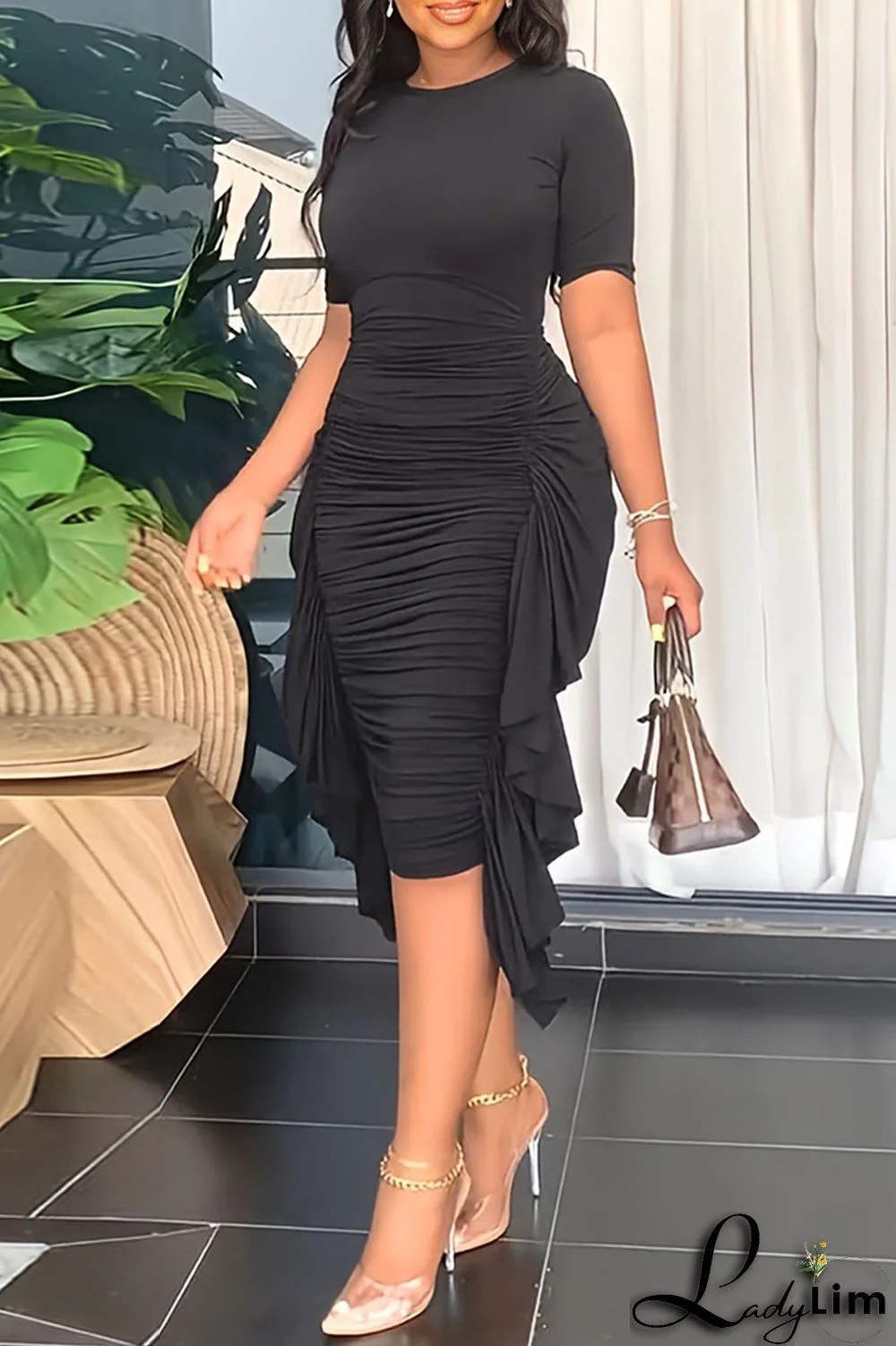 Pink Fashion Casual Solid Patchwork Fold O Neck Short Sleeve Dress