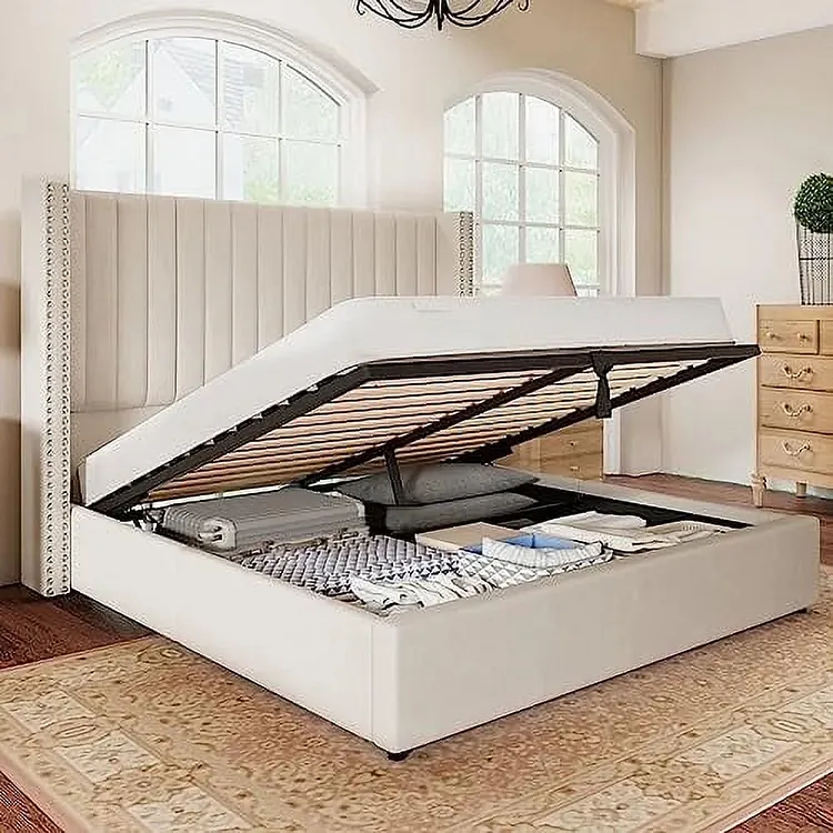 Jocisland Queen Bed Frame Lift Up Storage Bed, Velvet Queen Upholstered Bed Frame Channel Tufted Wingback Headborad/No Box Spring Needed/Cream