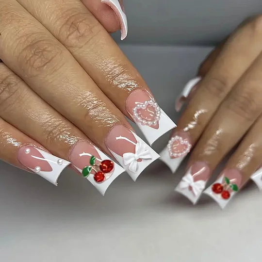 Summer Nails Inspo 2025 – 24pcs European Rhinestone Design Press on Nails French Duckbill shaped Fake Nails Full Cover Wearable Women False Nail Patch | Elinlin