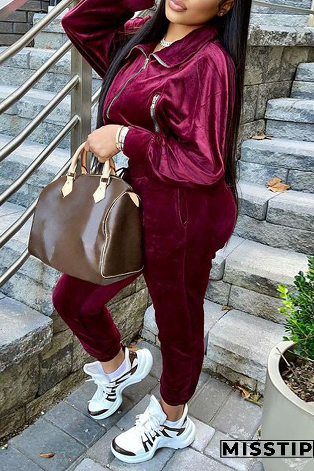 Burgundy Casual Solid Patchwork Zipper Zipper Collar Long Sleeve Two Pieces