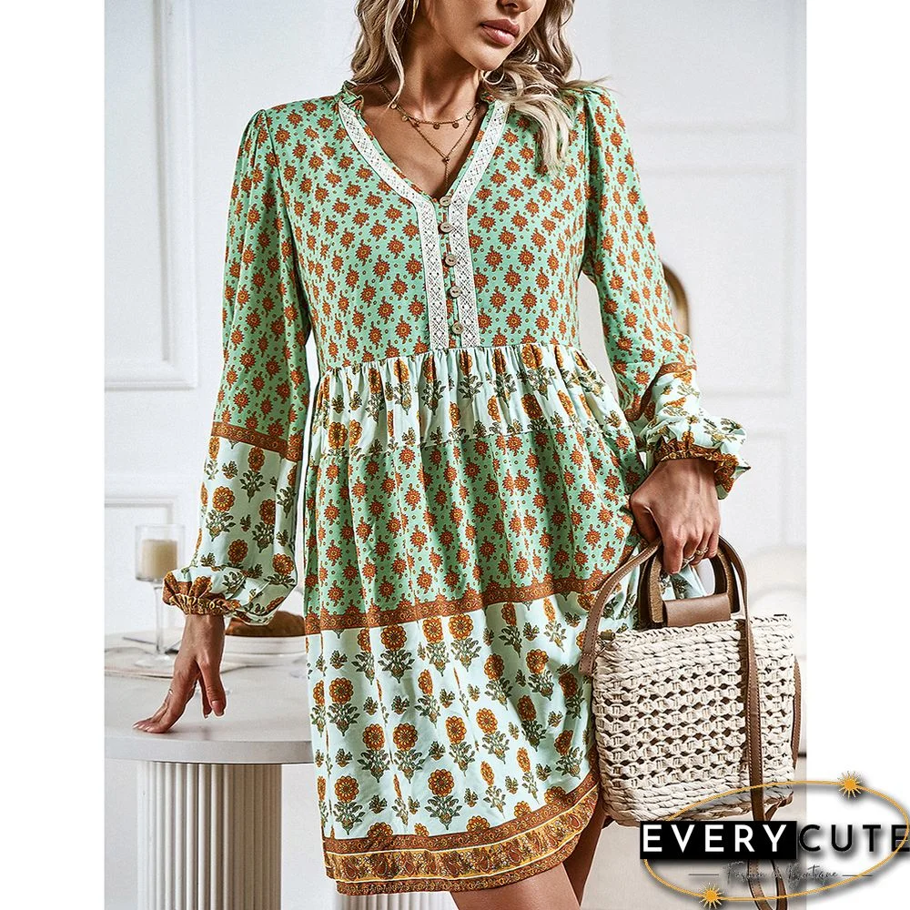 Light Green Bohemia Print Button Detail V Neck Long Sleeve Dress