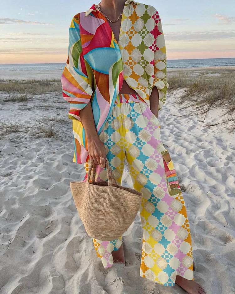 Colorful Graphic Print Shirt & Pants Two-Piece Set