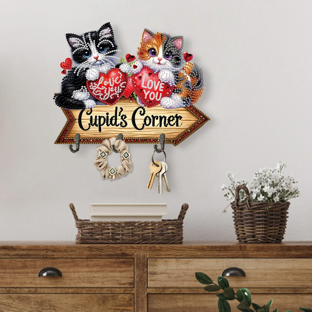 5D DIY Love Cat 3 Hooks Special Shape Diamond Painting Wooden Hook Rail for Wall