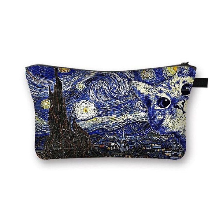 Starry night cat Printed makeup bag