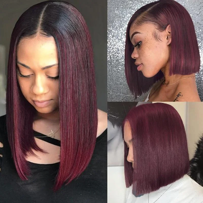 Jewtribute Hair®|Short Bob Lace Front Wig Straight Brazilian Remy Red Wig