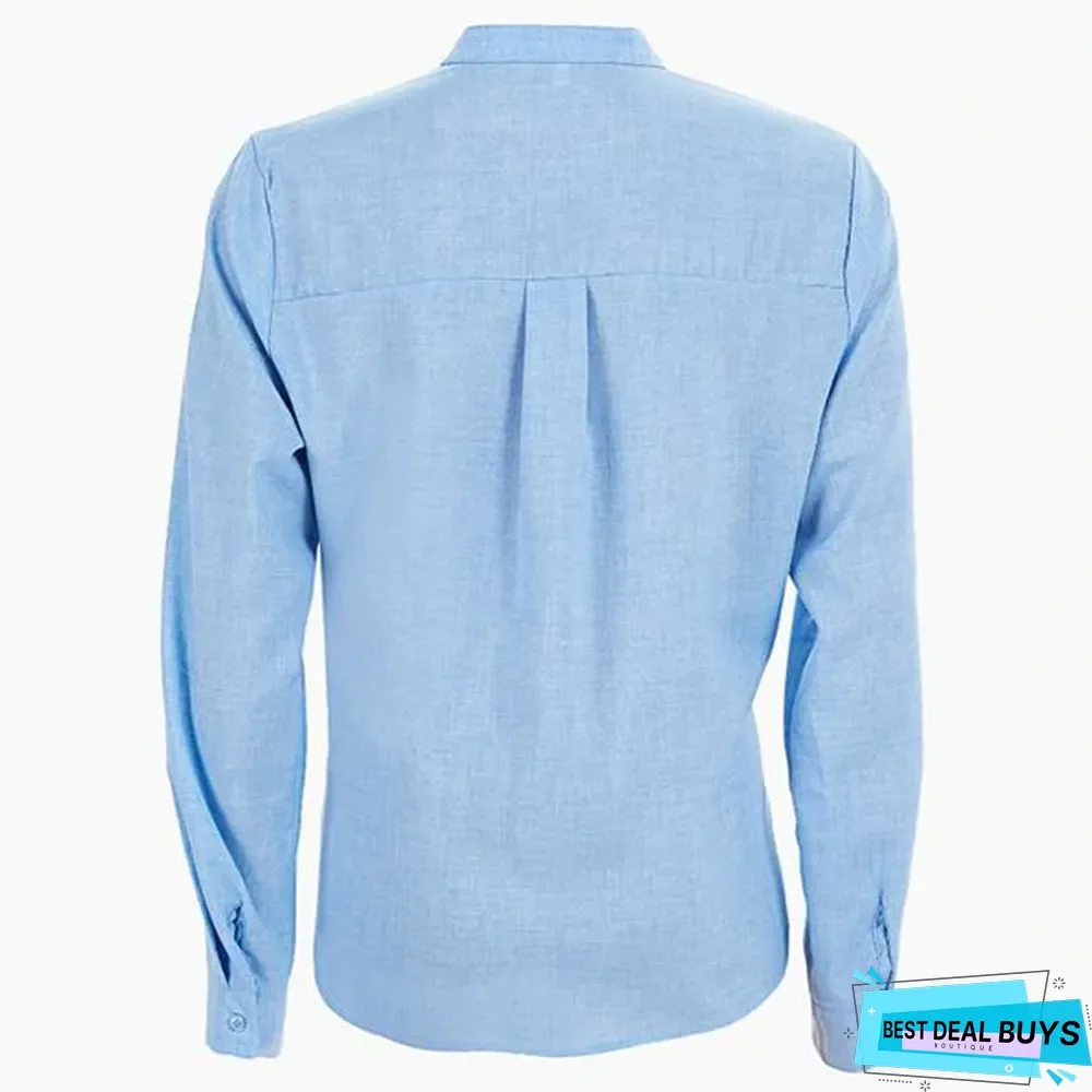 Men's Fashion Lapel Long Sleeve Solid Color Casual T-Shirts Linen