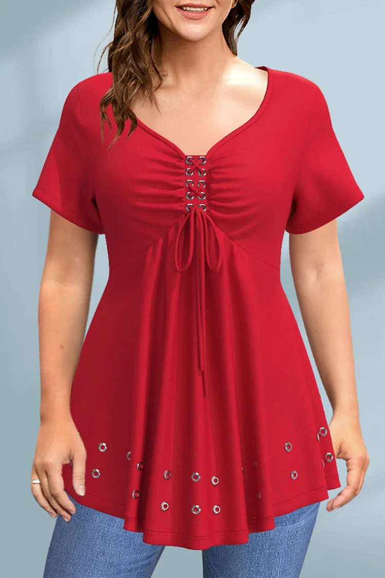 Flycurvy Plus Size Casual Red Lace-Up Ruffled Eyelet Washer Tunic Blouse  Flycurvy [product_label]