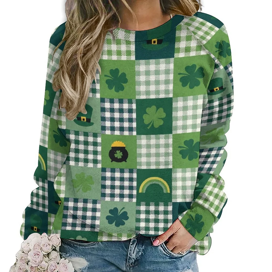 Printed Long Sleeve Casual Sweatshirt for  Women and Men Unisex Pattern St. Patrick's Day, Green, Clover, Lucky