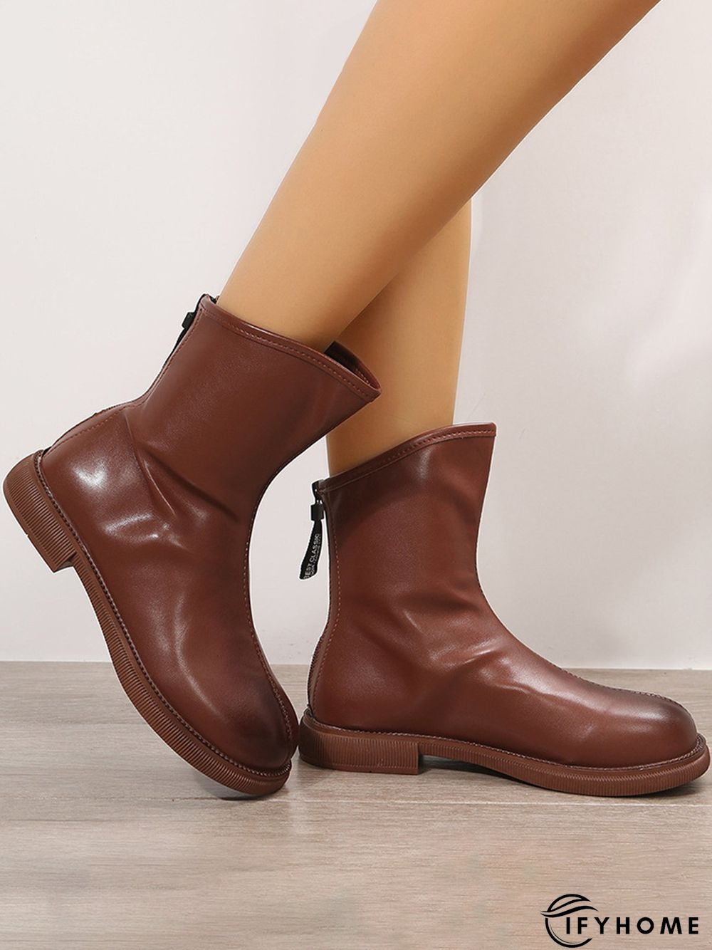 Antique Polished Short Back Zip Block Heel Boots | IFYHOME
