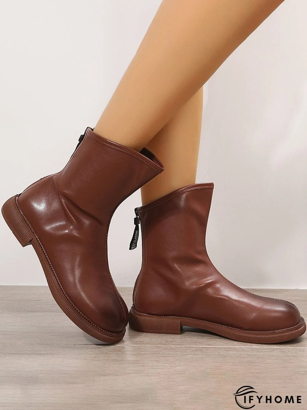 Antique Polished Short Back Zip Block Heel Boots | IFYHOME