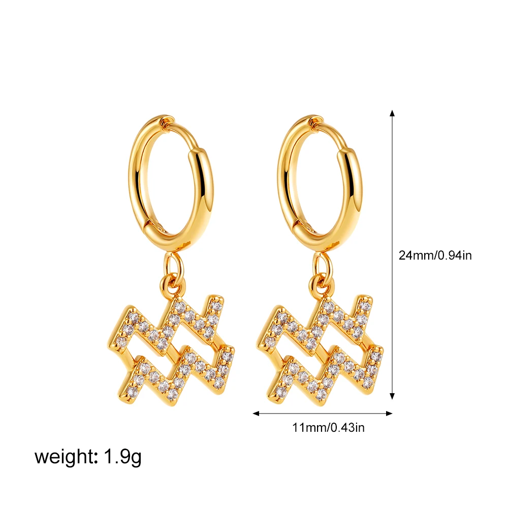 Groksage Dainty Cubic Zirconia Zodiac Sign Symbol Huggie Hoop Earrings for Women 12 Constellation Gold Plated Ear Buckle Jewelry Bijoux