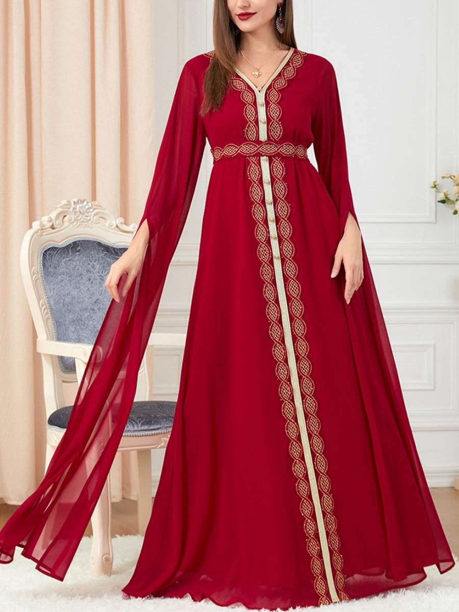 Chiffon Solid Color Super Long Sleeve V Neck Dress | Oxredo Shop Ramadan Sale
