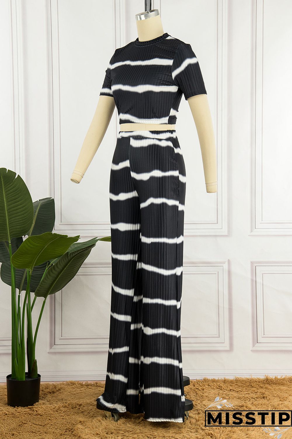 Black Casual Striped Print Basic O Neck Short Sleeve Two Pieces