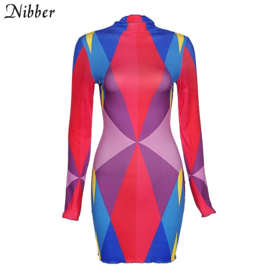 Nibber Knitted Patchwork Paneled Mini Dresses Mock Neck Bodycon Elastic Long Sleeve Aesthetic Casual Sexy Hipster Hot Women 2021