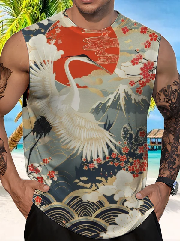 Men's Egret Mount Fuji Cherry Blossom Japanese Art Print Tank Top