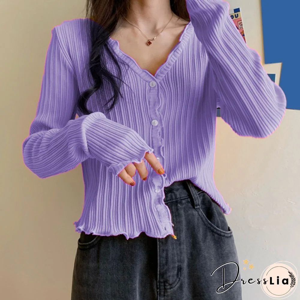 Women's V-neck Long-sleeved Thin Cardigan Short Loose Lazy Top Spring and Autumn