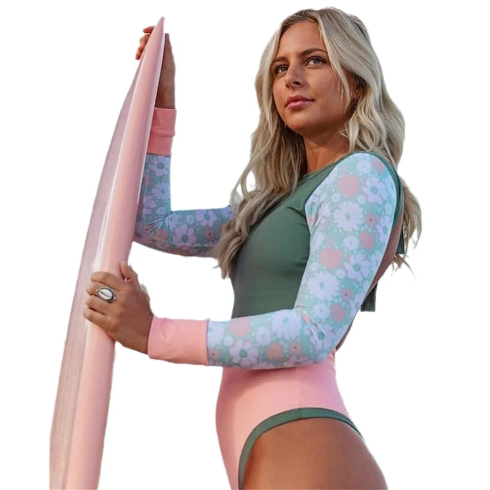 Uveng 2025 New Swimsuit Solid Color Print Splicing Long-Sleeved Surfsuit Sexy Bareback Swimsuit Woman Swimsuit