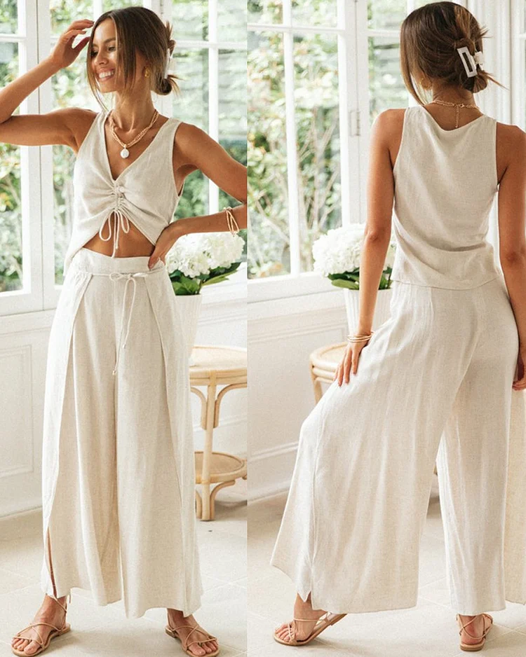 Vacation Style Drawstring Sleeveless Top and Wide Leg Pants Suits