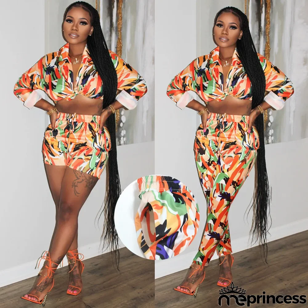 Spring/Summer Knotted Crop Print Turndown Collar Shirt Pants Suit Fall/Winter Women's Two Piece Set