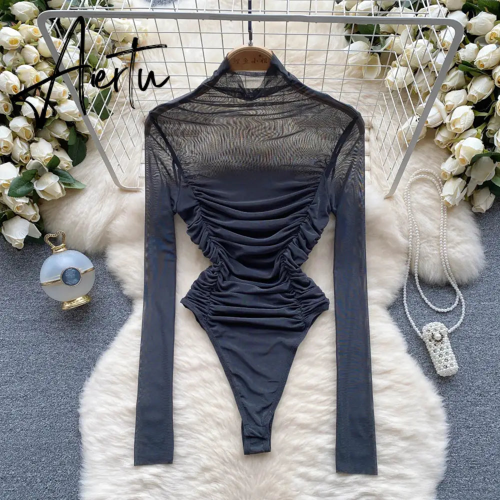 Aiertu Autumn Mesh Basic Top Women Turtleneck Long Sleeve Ruched Open Crotch Slim Playsuits Fashion Sheer Sexy Bodysuits Aiertu