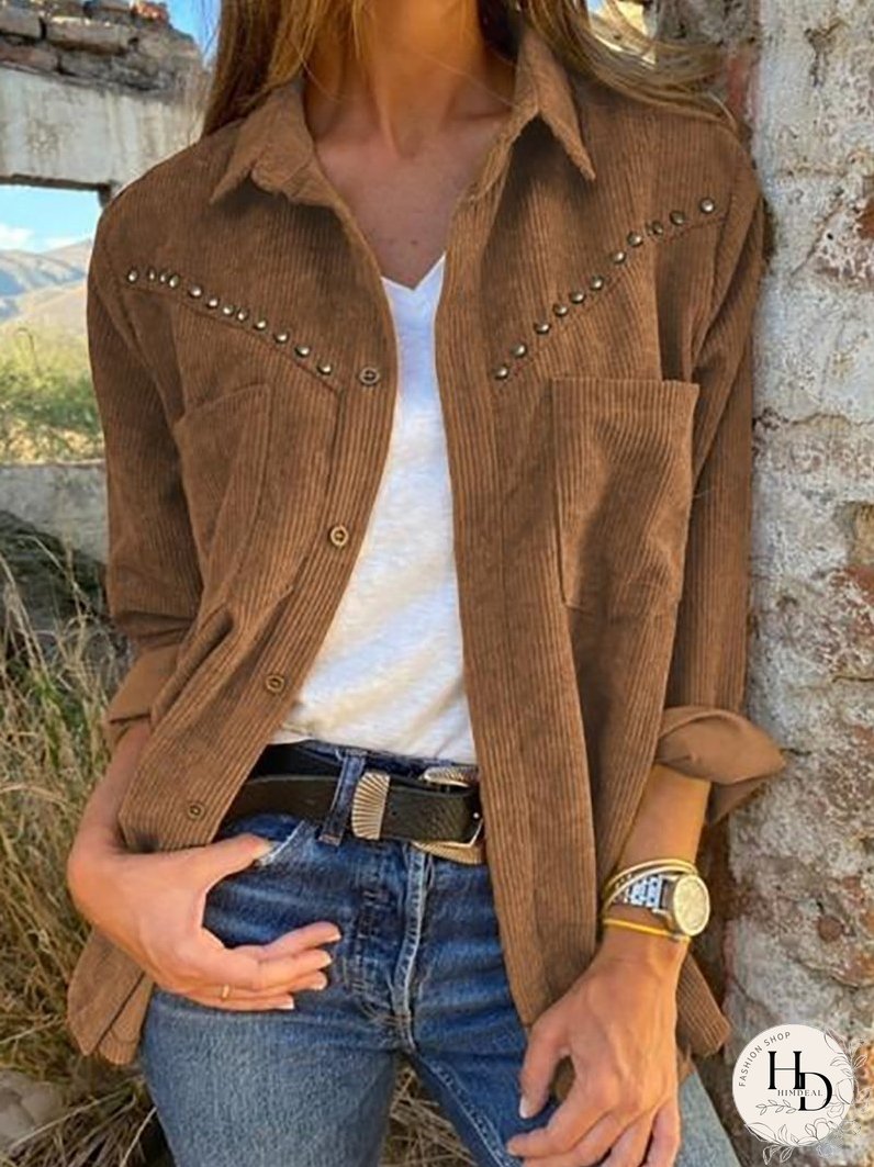 Blouses Corduroy Rivet Long Sleeve Button Pocket Blouse for Women