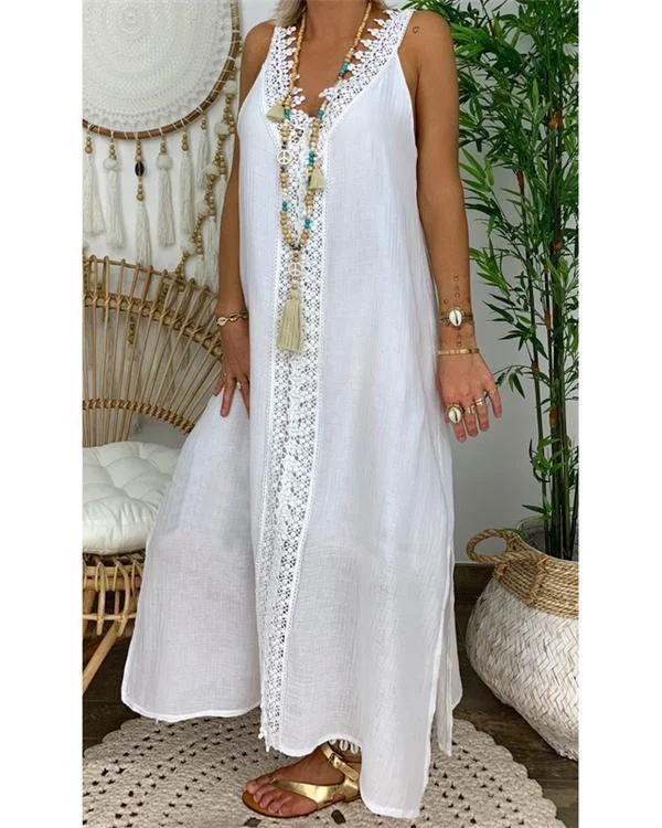 Women Solid V Neck Sling Sleeveless Lace Maxi Dress