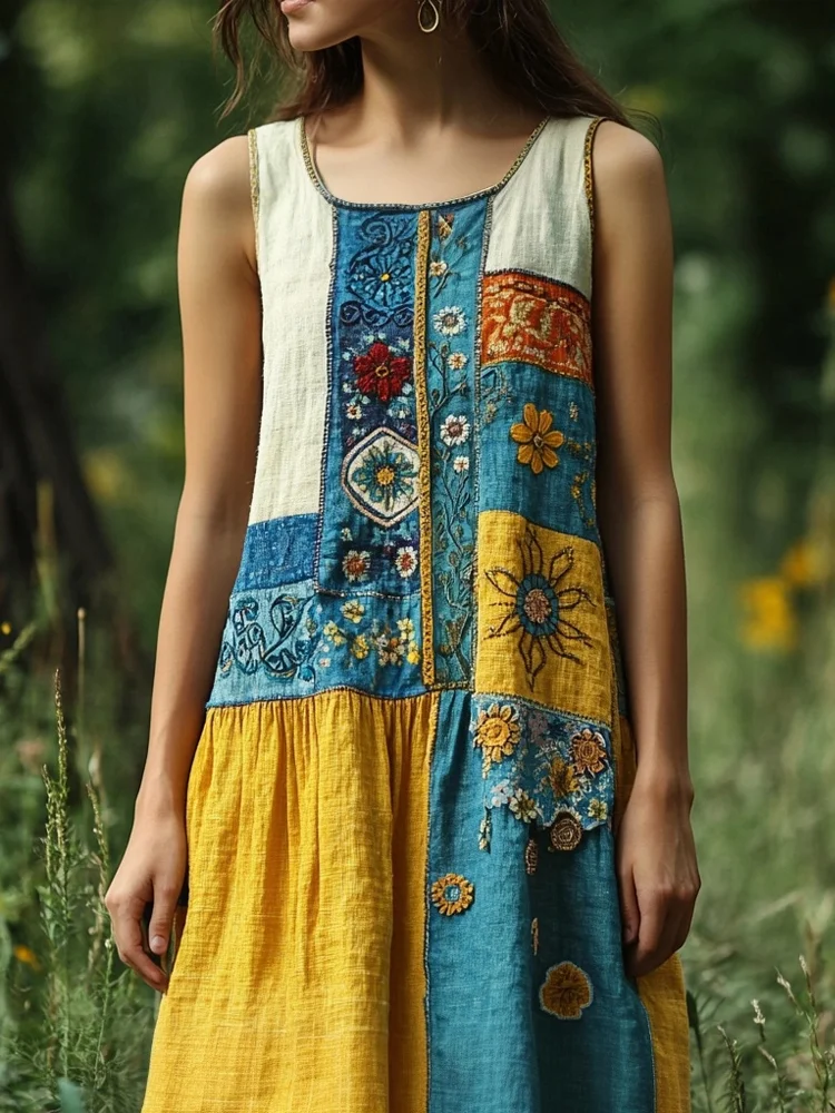 Vintage Petrykivka Folk Art Ukraine Colorblock Linen Tank Dress