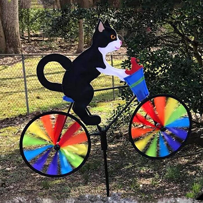 36x20in Tuxedo Cat On Bike Garden Flying Cats&Dogs Wind Spinner