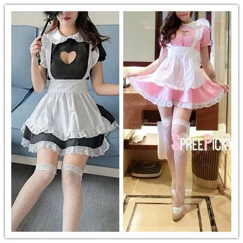 [Clearance]Black/Pink Kawaii Heart Hollow Out Maid Uniform Set SP1812248