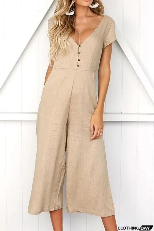 Button Pocket V Neck Jumpsuit