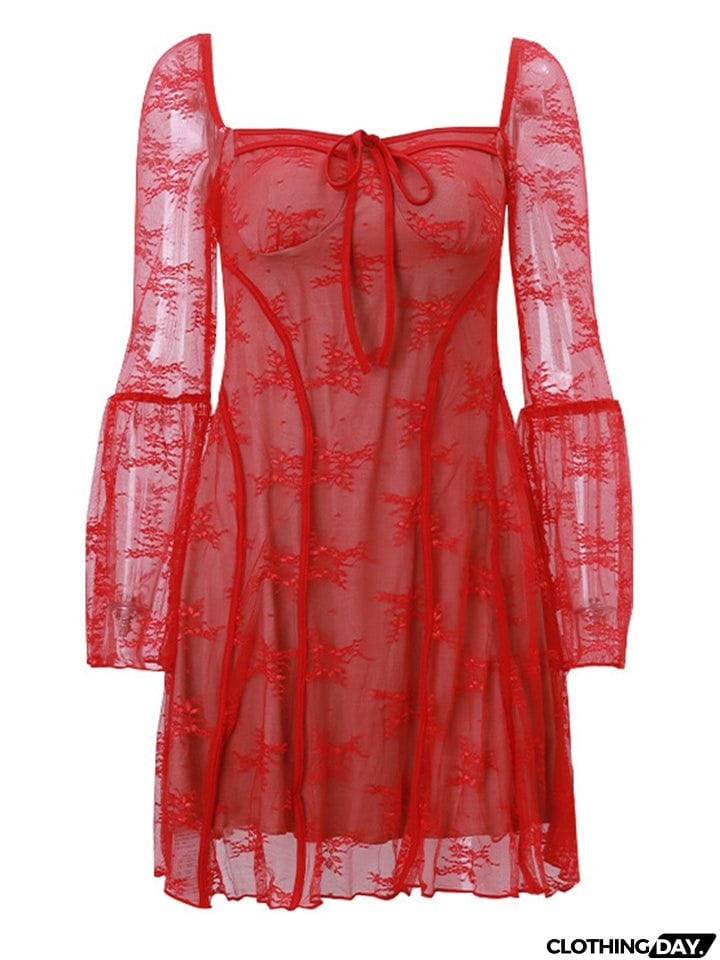 Flared Sleeve Ruffle Sexy Lace Dress for Ladies