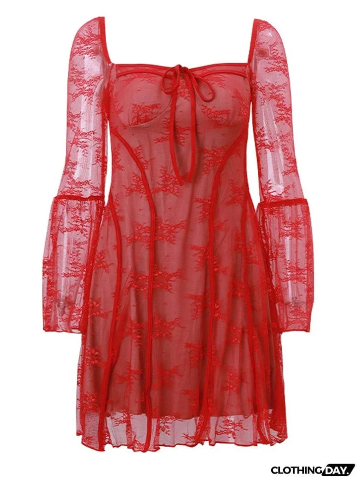 Flared Sleeve Ruffle Sexy Lace Dress for Ladies