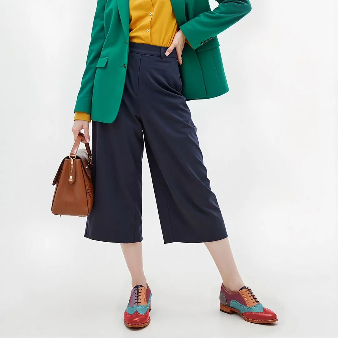 Multicolor Perforated Round Toe Lace-Up Flat Oxford Shoes Women