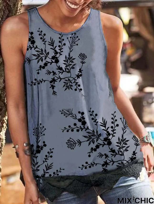 Floral Sleeveless  Lace  Cotton-blend  Crew Neck  Vintage Summer  Blue Top