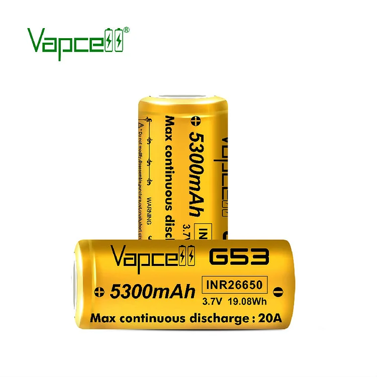 Vapcell 26650 5300mah 20A G53 Flat Top Rechargeable Battery (pack of 2)