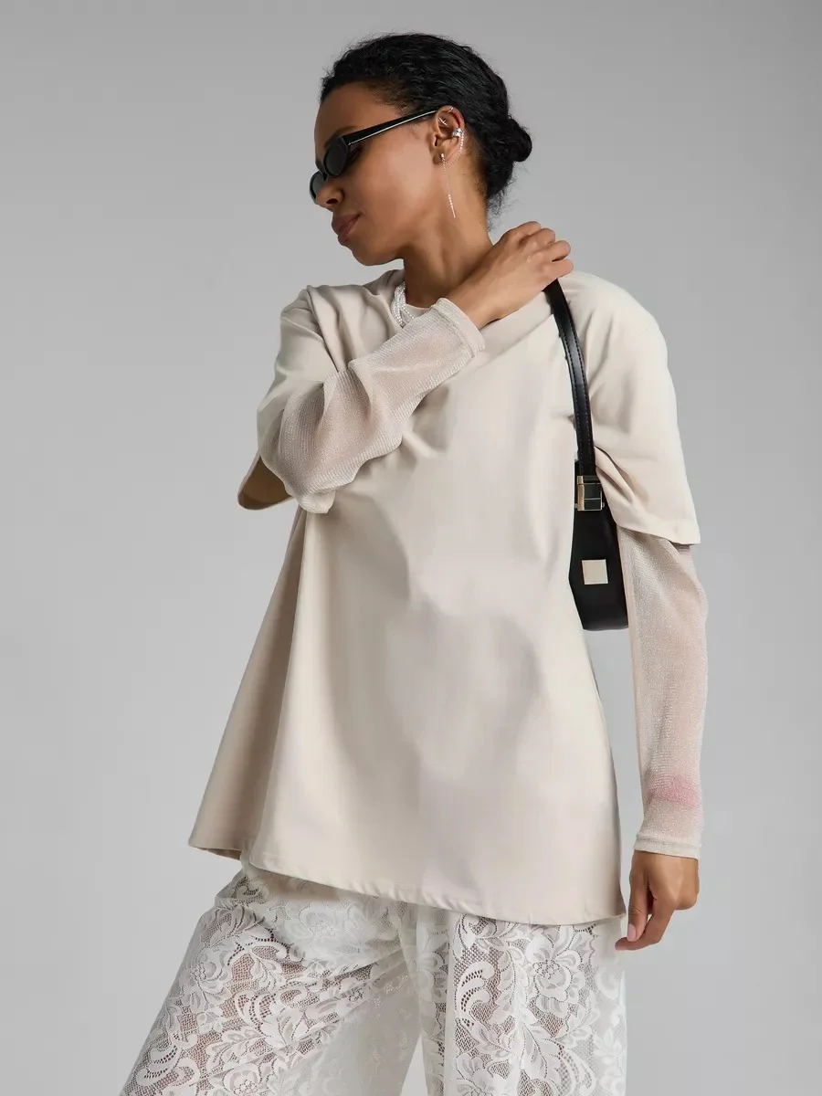 Athvotar Athvotar Summer New Bright Silk Mesh Splicing Long-Sleeved T-Shirt Women Loose Sun Protection Top Hot Sale