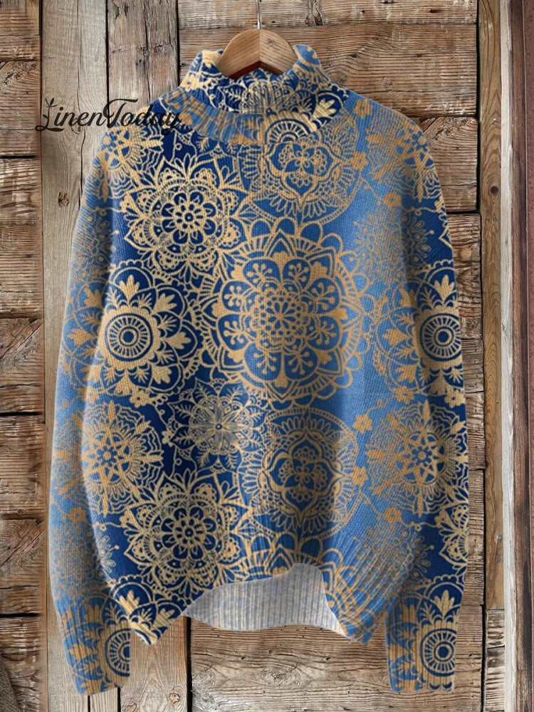 Vintage Gradient Mandala Pattern Board Print Knit Turtleneck Pullover Sweater Multicolor / S
