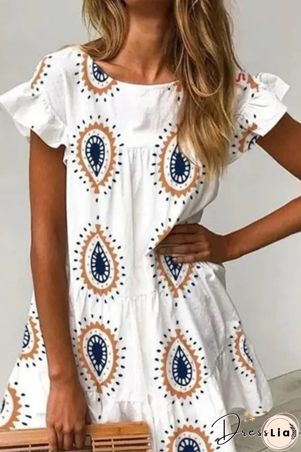 Print Split Joint O Neck Mini Dresses