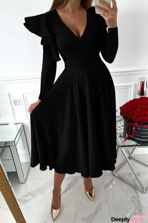 Long-sleeved V-neck Ruffled Long-sleeved Waist Dress