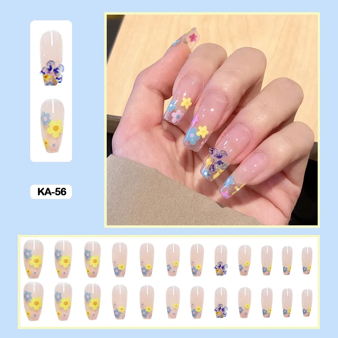 24pcs/box Lovely Cute Flower Fairy Style Fake Nails  Full Cover Nails Long Nail With Glue  Presson Nails Packaging Wearable Nail-Nail Inspo