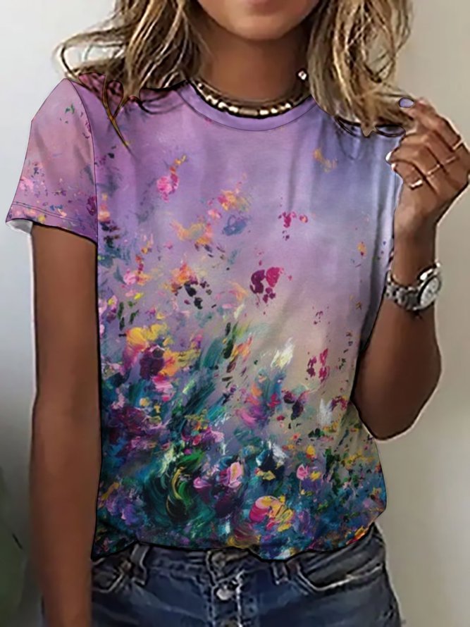 Womens Fancy Flower Art Print Short Sleeve T-Shirt