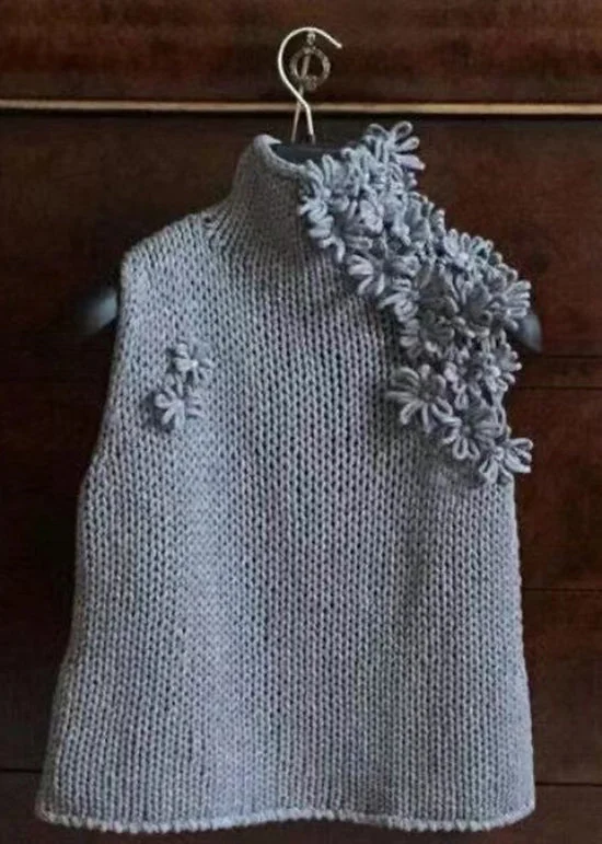 Style Grey Hign Neck Floral Knit Vest Sleeveless Spring