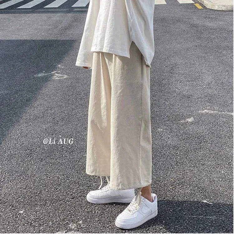 Casual Straight Pants Ankle-length Solid Plus S-4XL Womens Trousers Student Linen Loose All-match Korean Style Simple Drawstring