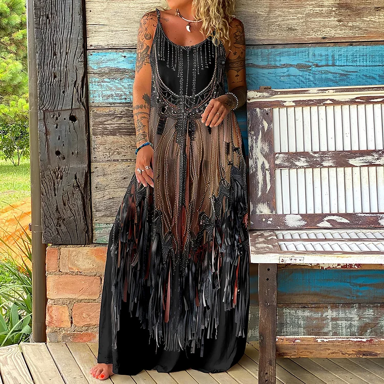 Viking Tribal Tassel Art Slip Maxi Dress