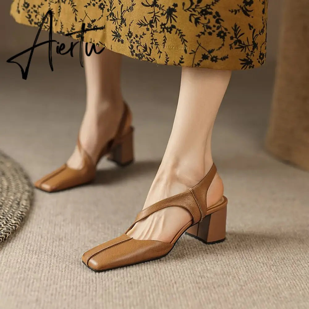 Summer New Simple Ladies Slingbacks Dress Shoes Back Strap Genuine Leather Square Toe Sandals Woman Thick High Heel Sandals Aiertu