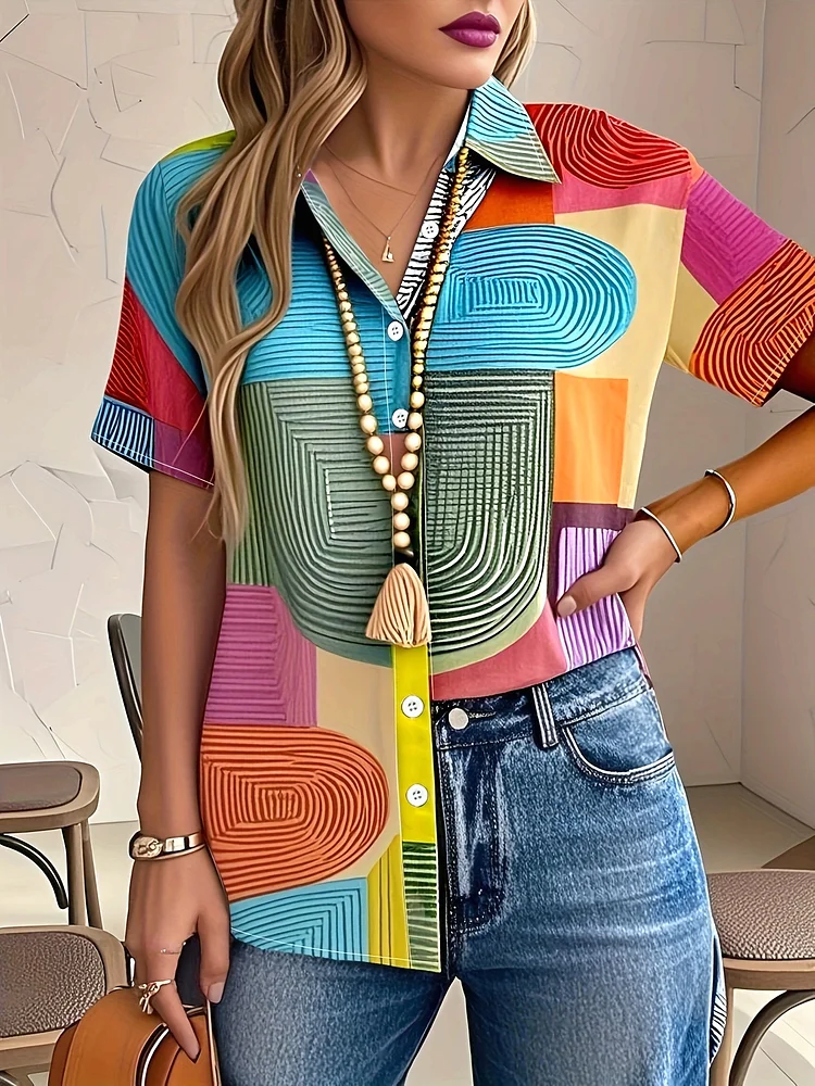 Women's Summer Vacation-Style Patchwork Print Short Sleeve Shirt With Button-Up Lapel - Casual, Colorful, Short Sleeve Shirt | Vacation Style Shirt | Short Sleeve Shirt