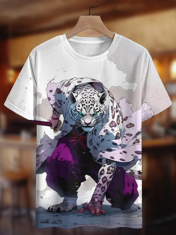 Men's Japanese White Leopard Samurai Illustration Print Casual T-Shirt
