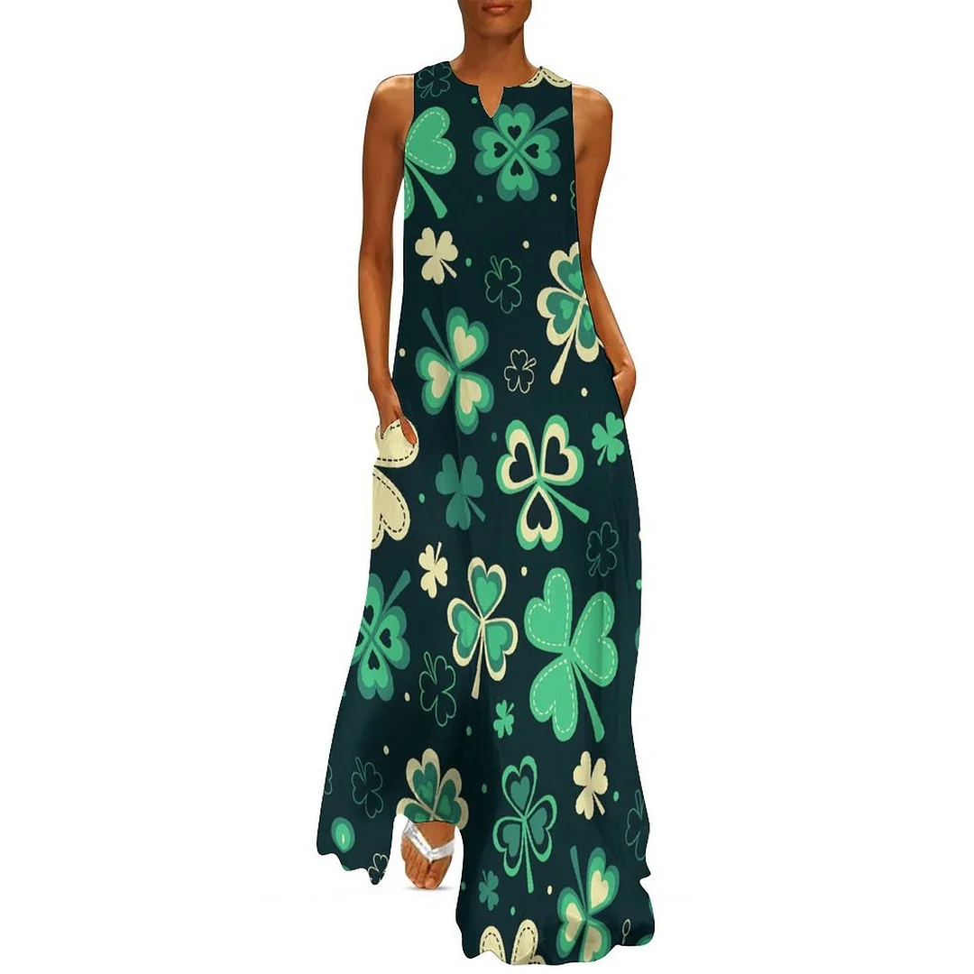 Style & Comfort for Mature Women Plus Size Printed Sleeveless Casual Women Maxi Dress with Pockets in Pattern St. Patrick's Day, Green, Clover, Lucky
