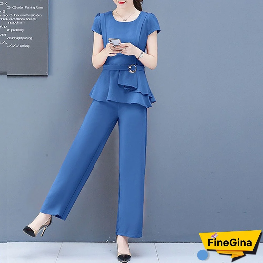Summer 2 Two Piece Sets Outfits Women Plus Size Short Sleeve Tunics Tops And Pants Suits Office Elegant Korean Sets