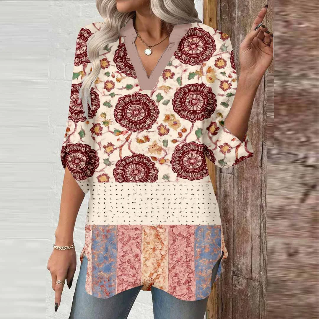 Women Floral, Pink, Patchwork DZGA0037 3/4 Sleeve V-neck Printed Graphic Button Tops